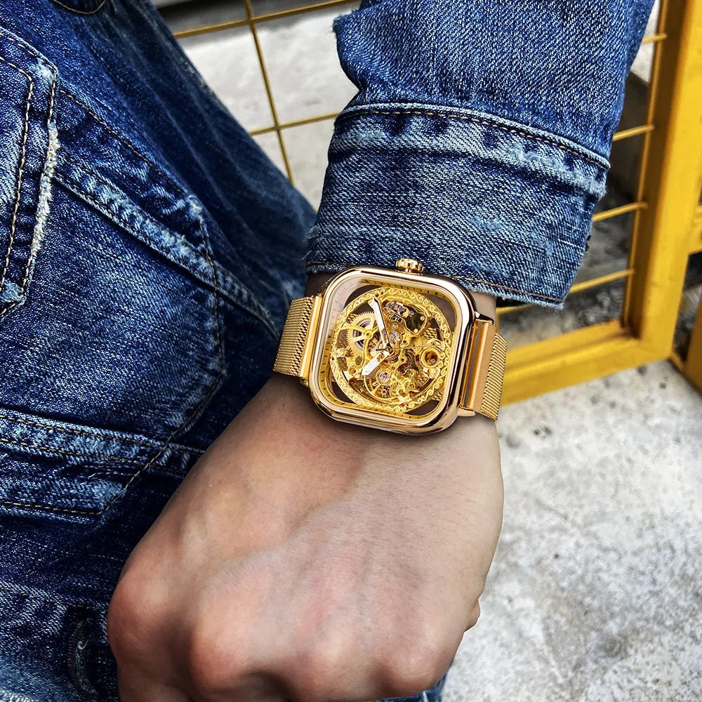 FORSINING Square Skeleton Mechanical Watch - Drip lordss