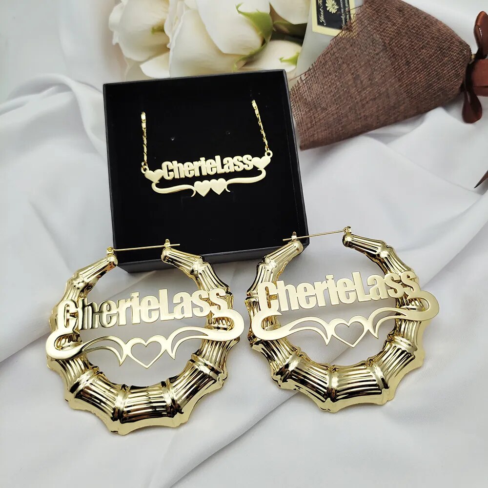 Custom Name Necklace and Bamboo Hoop Earring Set - Drip lordss
