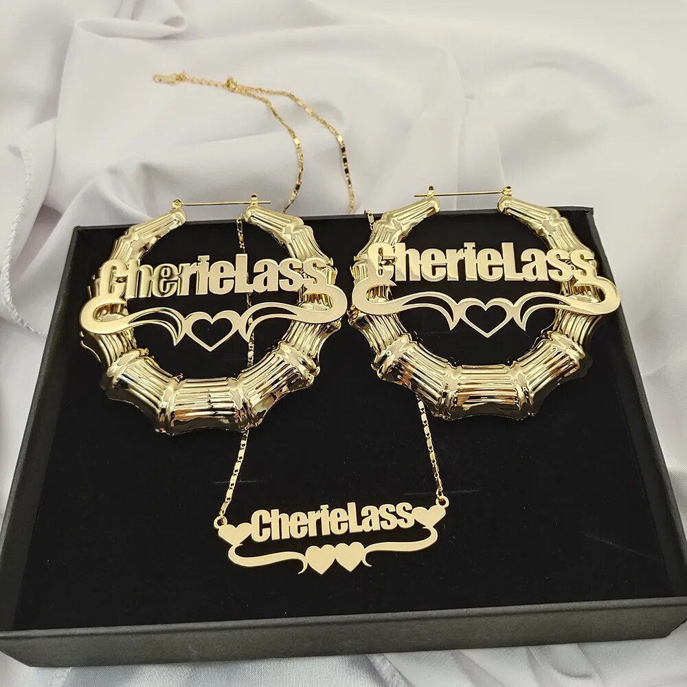 Custom Name Necklace and Bamboo Hoop Earring Set - Drip lordss