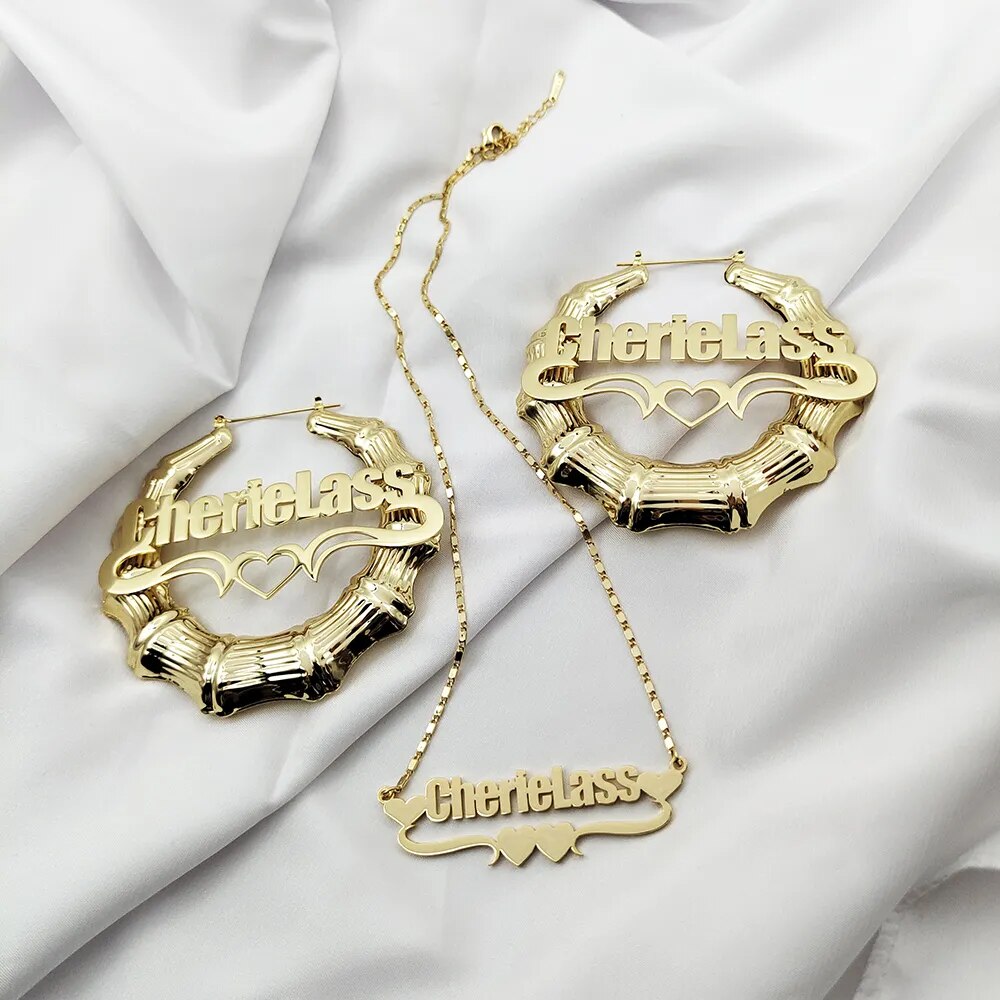 Custom Name Necklace and Bamboo Hoop Earring Set - Drip lordss