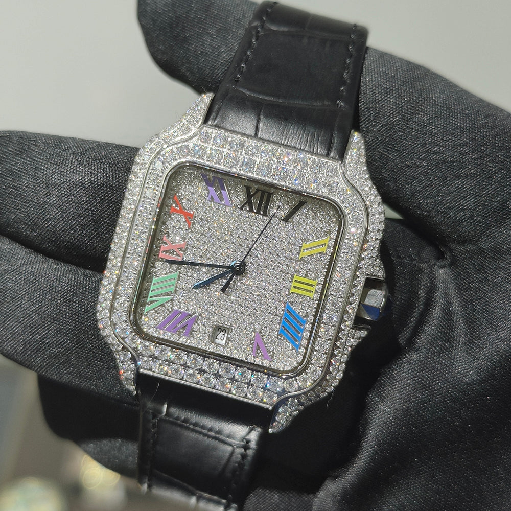 Moissnite Diamond Square Face Watch with leather Band - Drip lordss