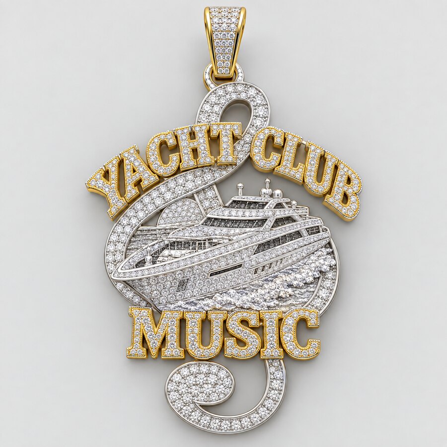 Custom pendant CAD example, iced gold and pavé
