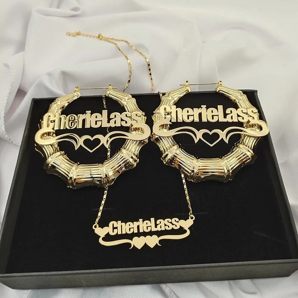 Custom Name Necklace and Bamboo Hoop Earring Set