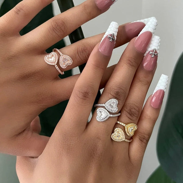 Heart and Square Iced Out Adjustable Ring