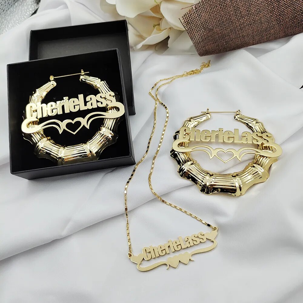 Custom Name Necklace and Bamboo Hoop Earring Set - Drip lordss